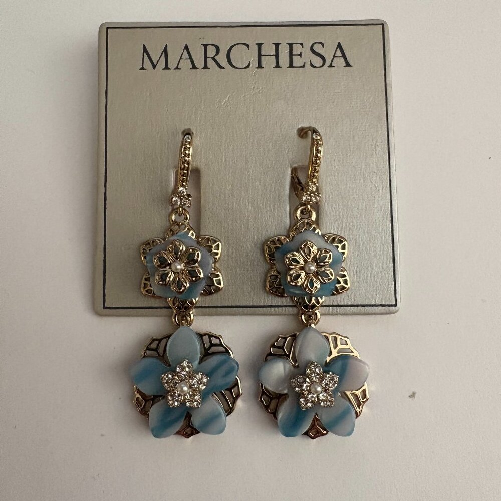 Marchesa Gold and Light Blue Floral Drop Earrings